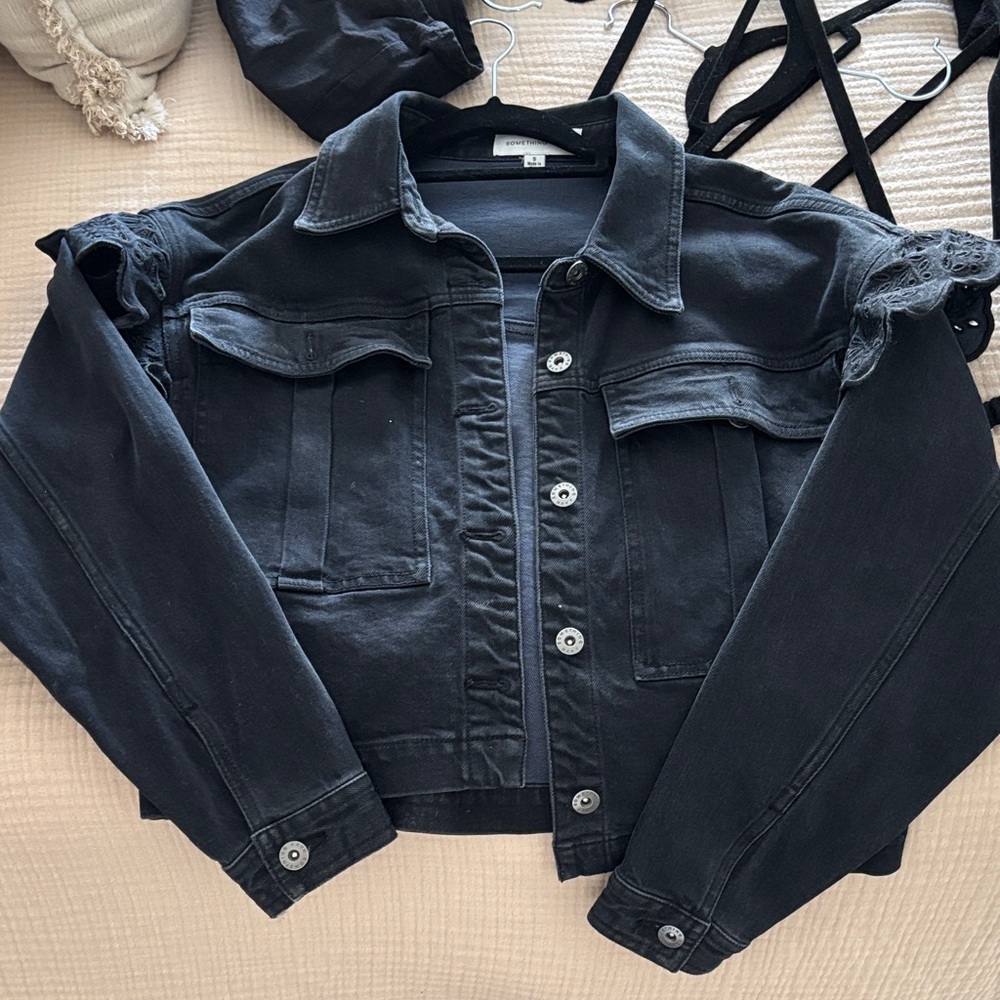 Something Navy Dark Denim Jacket With Shoulder De… - image 1